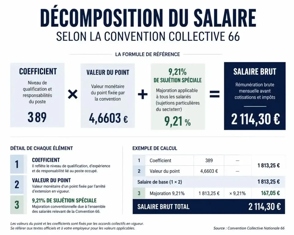 Schéma de calcul du salaire brut selon la convention collective 66 (CCN66) avec coefficient et sujétion spéciale