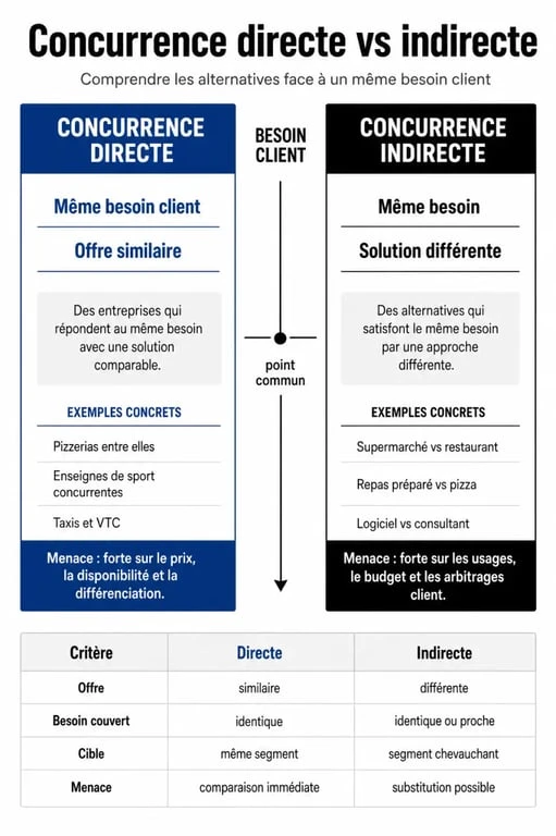 Concurrence direct et indirect exemple : infographie comparative montrant la différence entre concurrents directs et indirects