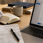 Exemple mail pour candidature spontanée : bureau et brouillon d’e-mail