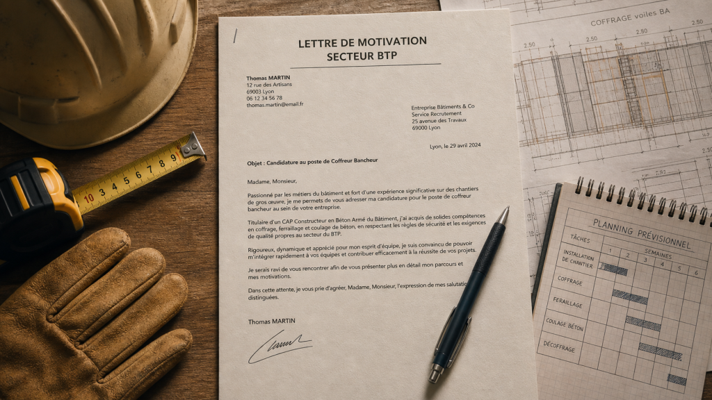 lettre de motivation construction BTP sur papier, casque et mètre ruban