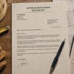 lettre de motivation construction BTP sur papier, casque et mètre ruban