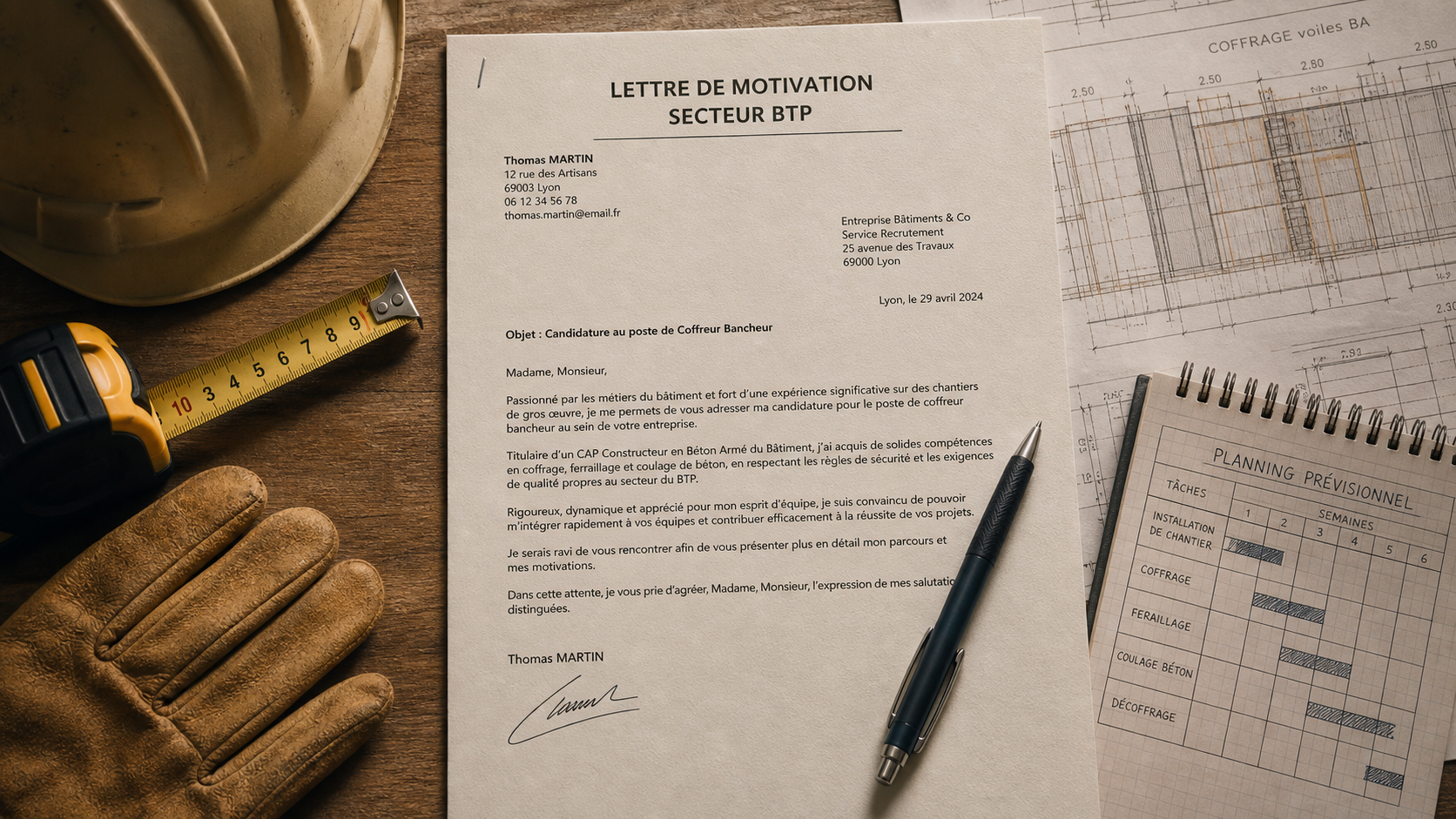 lettre de motivation construction BTP sur papier, casque et mètre ruban