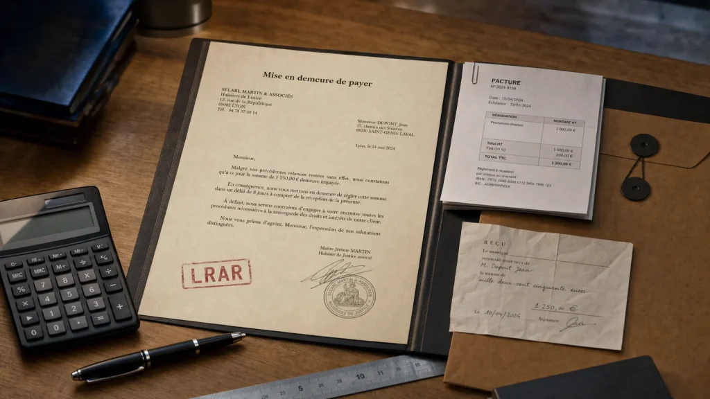 Lettre mise en demeure de payer en LRAR, dossier et enveloppe kraft