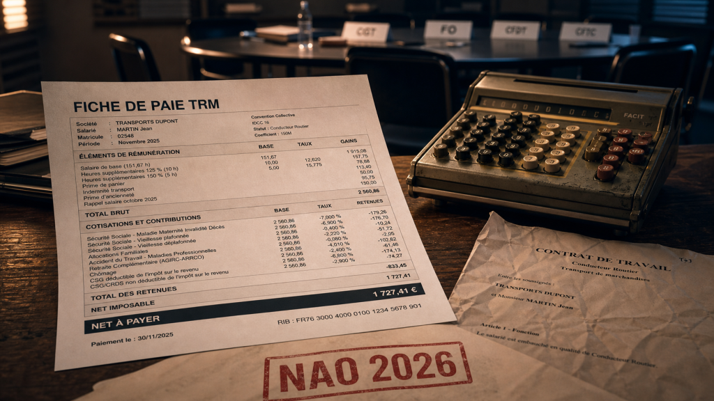 NAO transport routier 2026 : fiche de paie TRM et frais de route