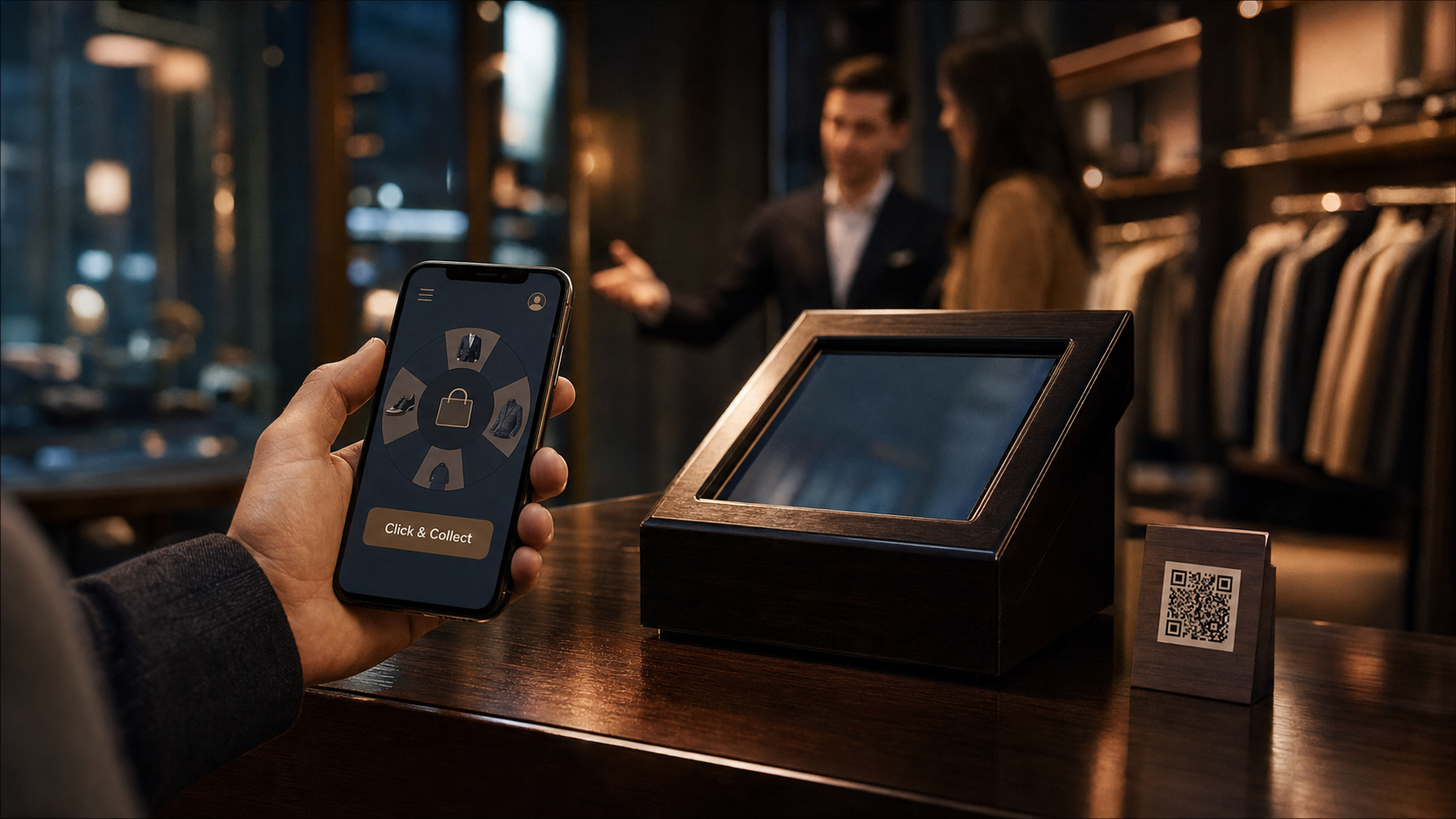 Phygitale définition : smartphone et borne tactile pour parcours phygital en magasin