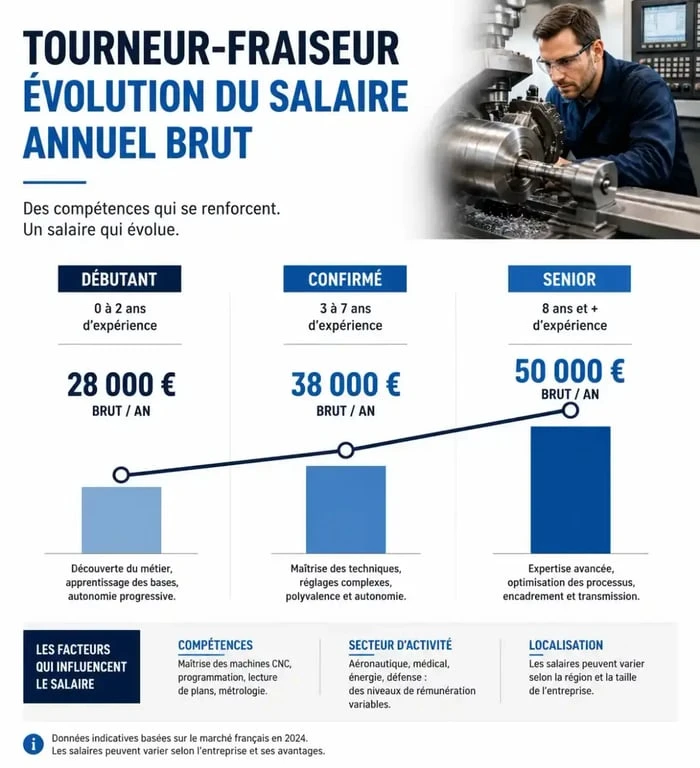 Évolution du salaire brut annuel d'un tourneur-fraiseur selon l'expérience