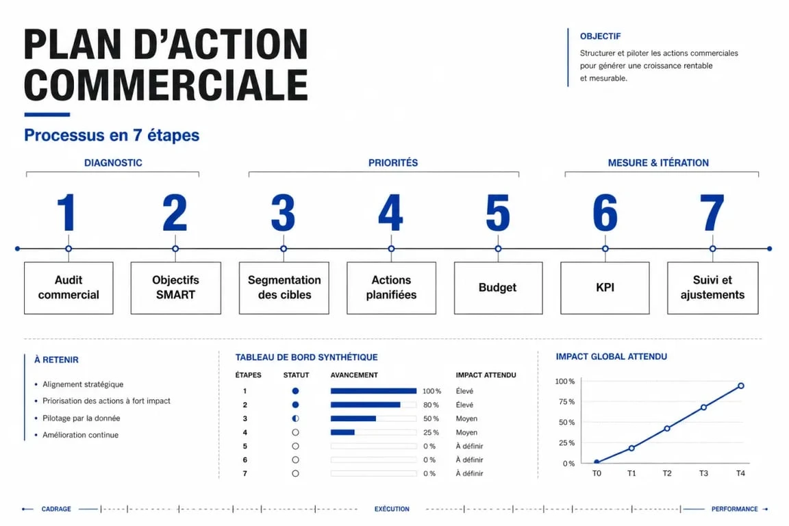Plan d action commerciale illustré en étapes avec audit, objectifs SMART, budget et KPI