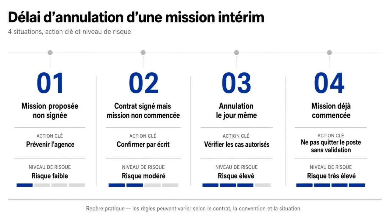 Infographie sur le délai annulation mission intérim selon le moment de la rupture