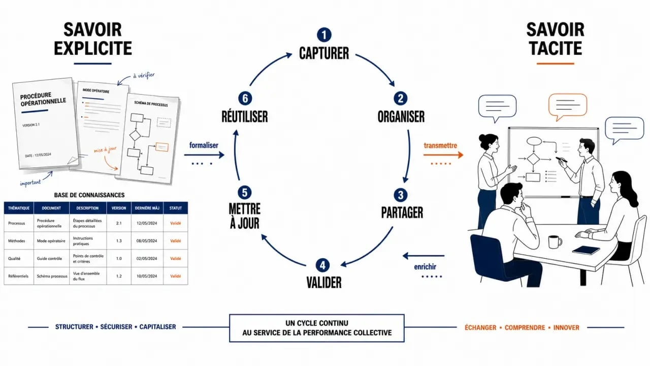 Schéma de la gestion de la connaissance en entreprise montrant le cycle capturer, organiser, partager et mettre à jour
