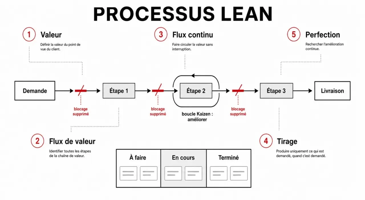 Processus lean illustré par un flux de valeur simplifié, les 5 principes du lean et une boucle Kaizen