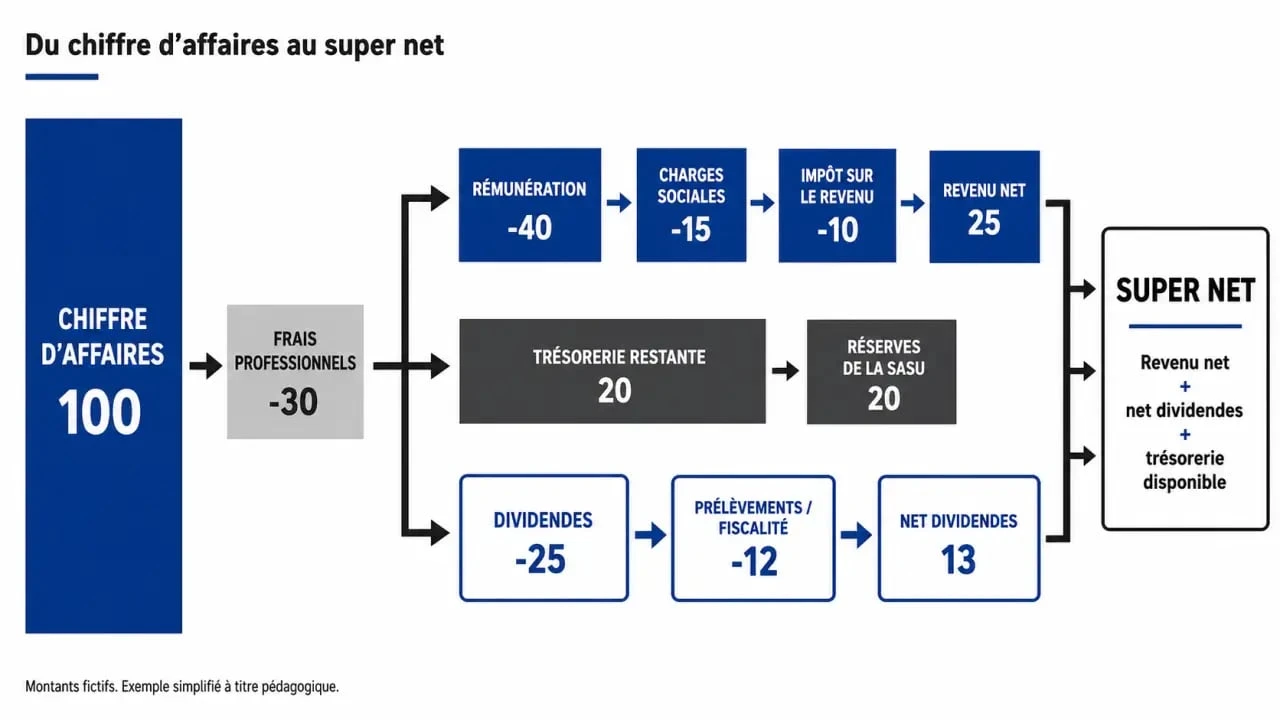 Simulation revenu SASU : schéma du passage du chiffre d’affaires au revenu net et super net