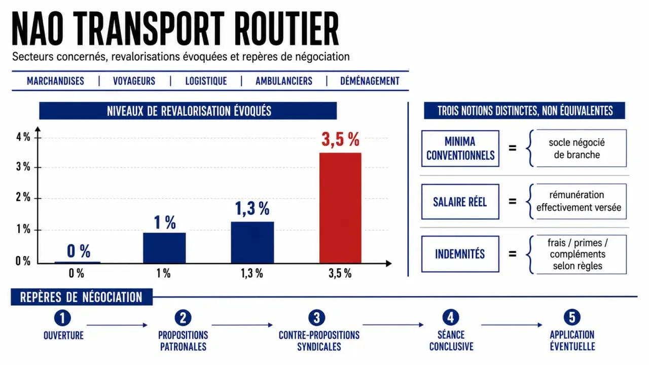 NAO transport routier : synthèse visuelle des hausses, secteurs et repères de négociation