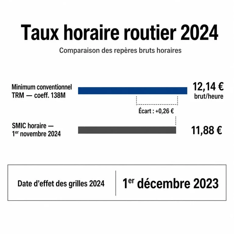 Taux horaire routier 2024 : comparaison visuelle entre le coefficient 138M à 12,14 € et le SMIC à 11,88 €