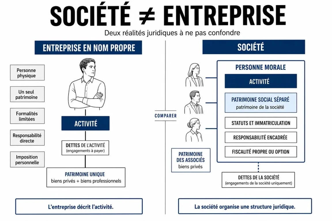 Société vs entreprise : schéma comparatif des différences juridiques, fiscales et pratiques