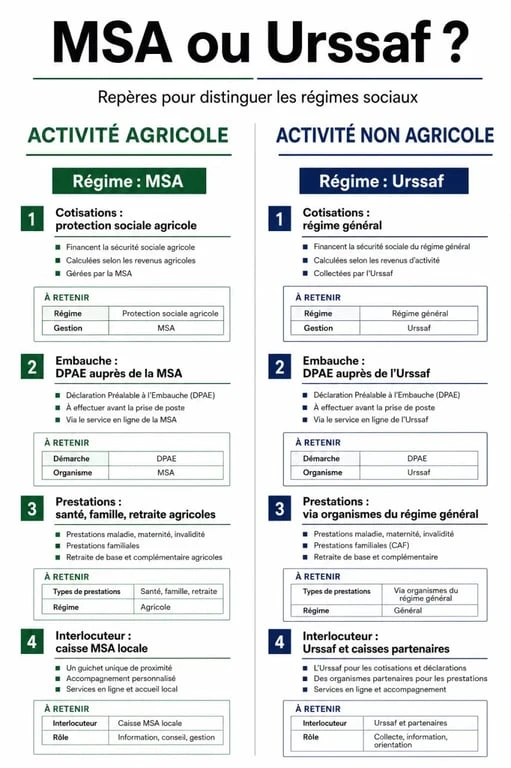 Régime social MSA ou Urssaf : visuel comparatif entre activité agricole et activité non agricole