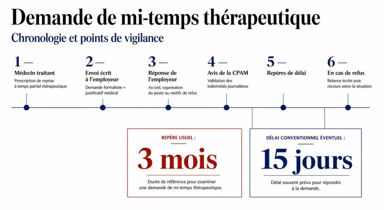 Schéma du delai réponse employeur mi temps thérapeutique avec étapes de demande, réponse, relance et recours