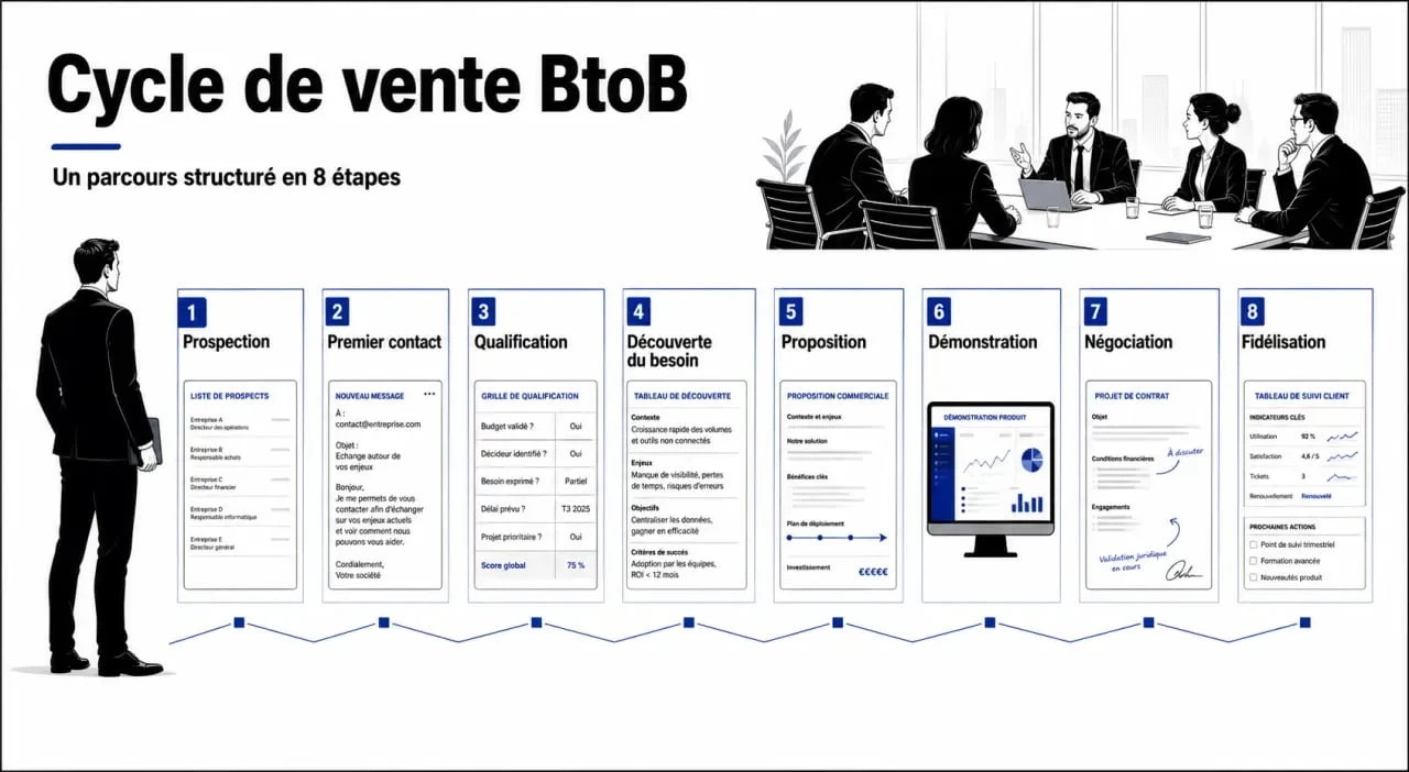 Cycle de vente vente btob illustré en 8 étapes avec plusieurs décideurs et un commercial