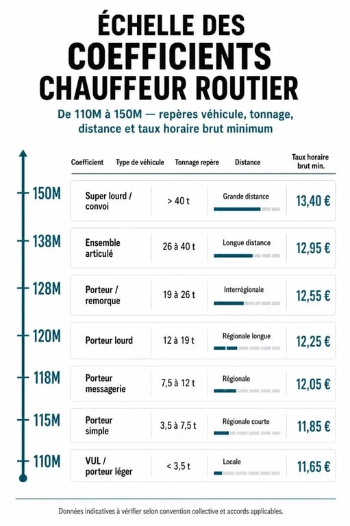 Coefficient chauffeur routier : échelle comparant les coefficients 110M à 150M et les salaires minimums