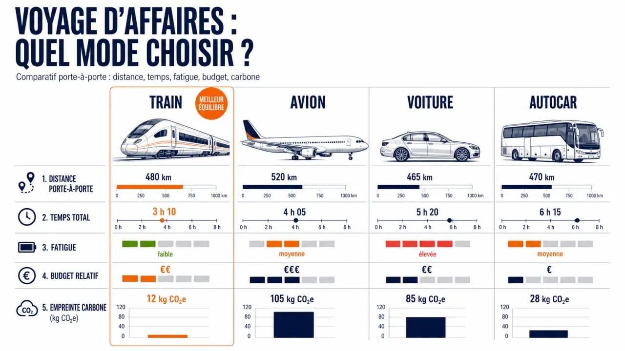 Réussir son voyage d'affaires et optimiser ses déplacements professionnels : comparatif visuel des modes de transport