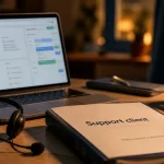 Téléconseiller teletravail à domicile : casque et écran CRM, support client