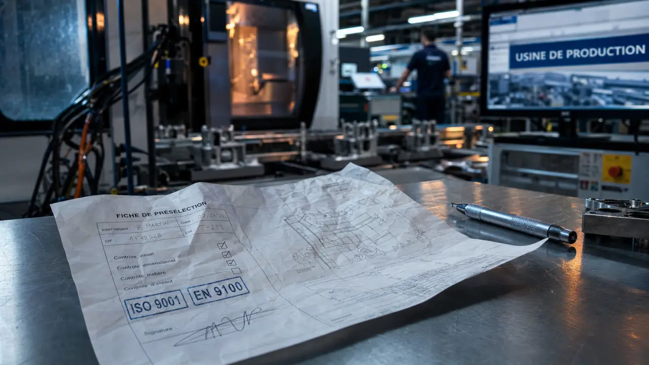 Usine de production en France : atelier CNC, preuves qualité ISO sur fiche technique.