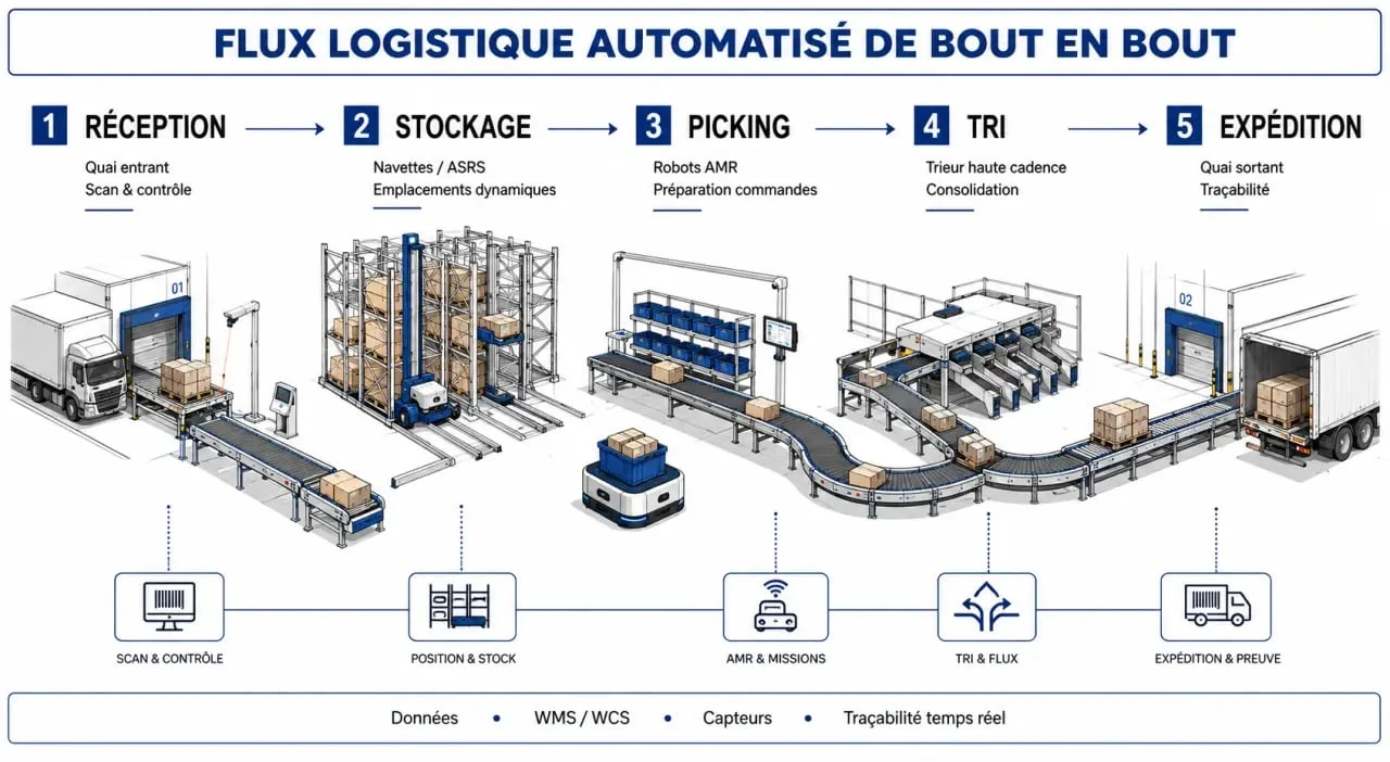 Schéma de flux de manutention automatisée dans un entrepôt