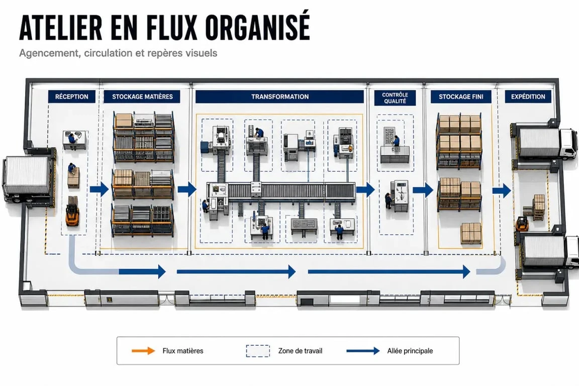 Organisation atelier de production : schéma visuel d’un atelier avec zones, flux courts et circulation lisible