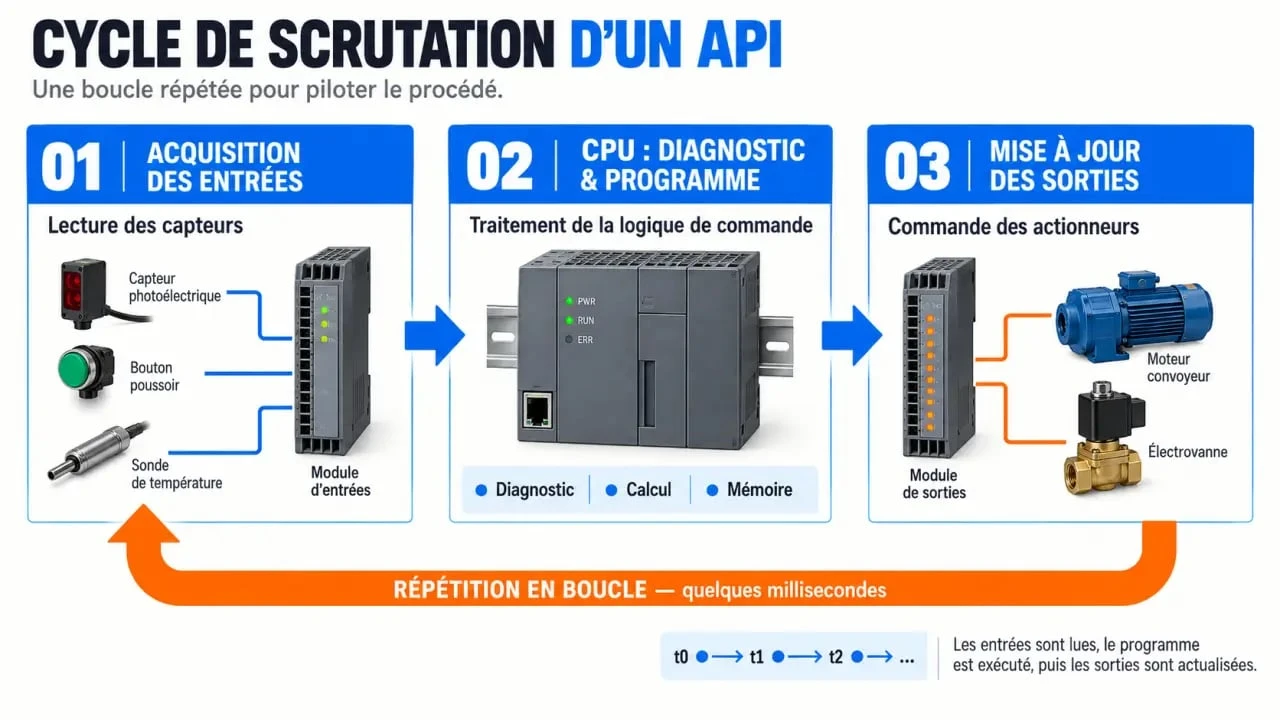 Cycle de scrutation en programmation des automates avec entrées, traitement et sorties