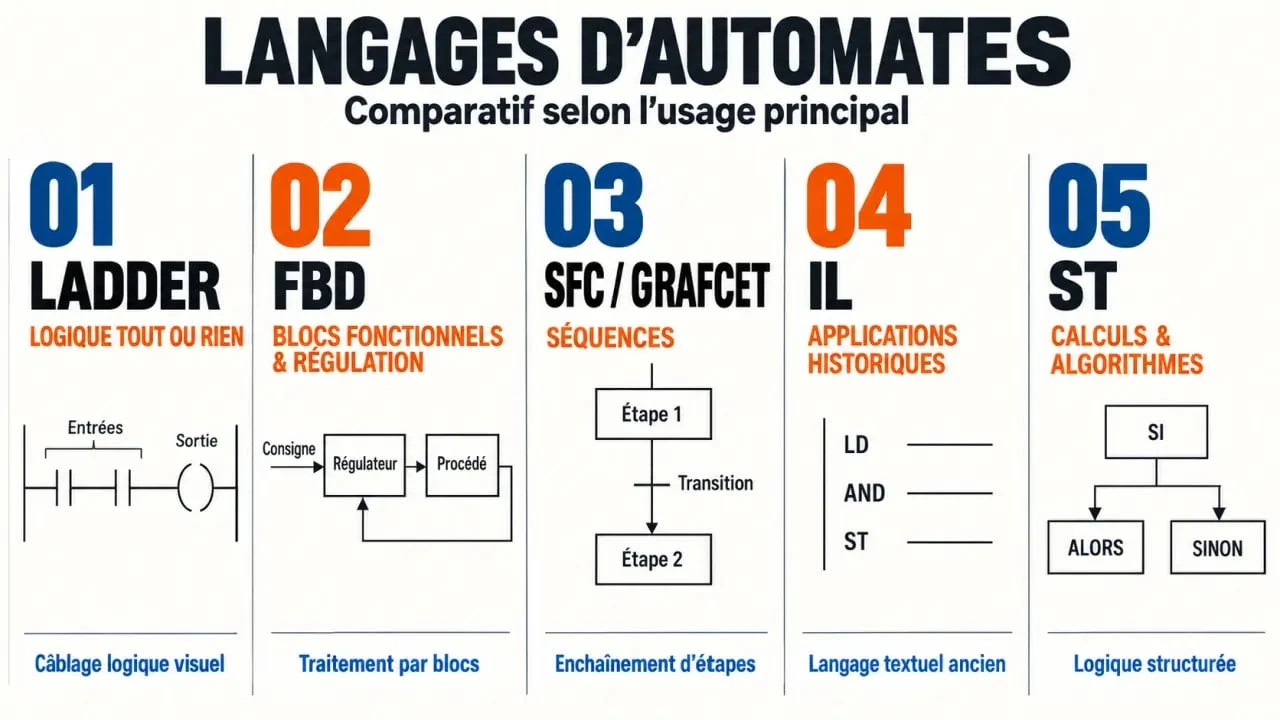 Comparaison des langages de programmation des automates LD FBD SFC Grafcet IL et ST