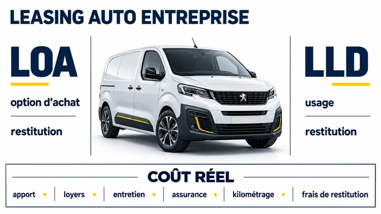 Infographie comparative du leasing auto entreprise entre LOA et LLD et ses principaux coûts