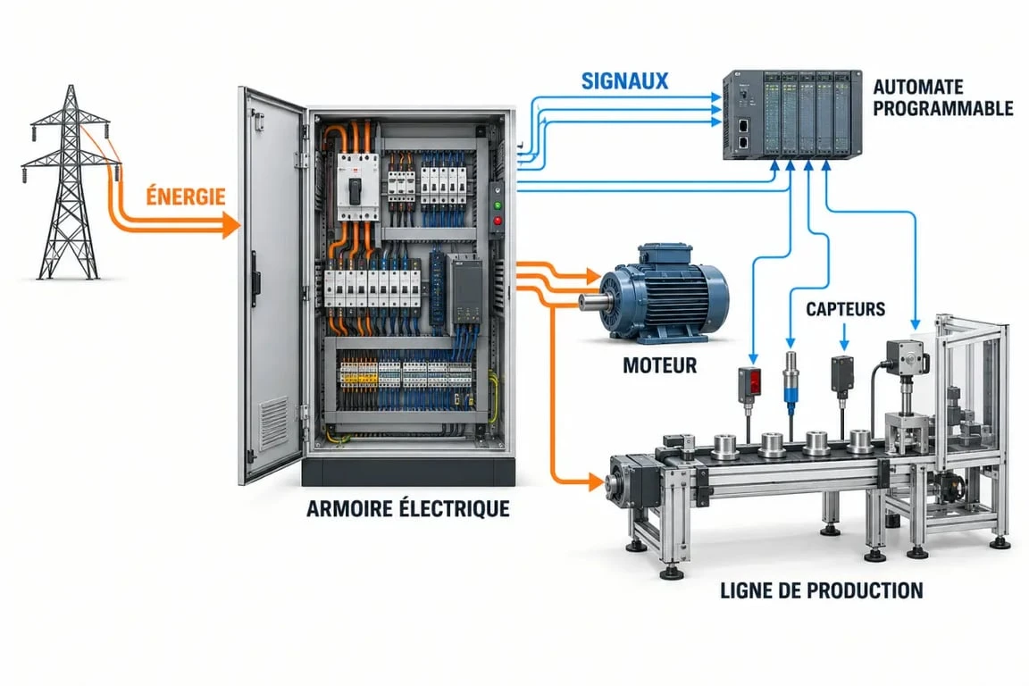 Schéma conceptuel d'une installation d'électricité industriel reliant armoire, moteur, capteurs et automate