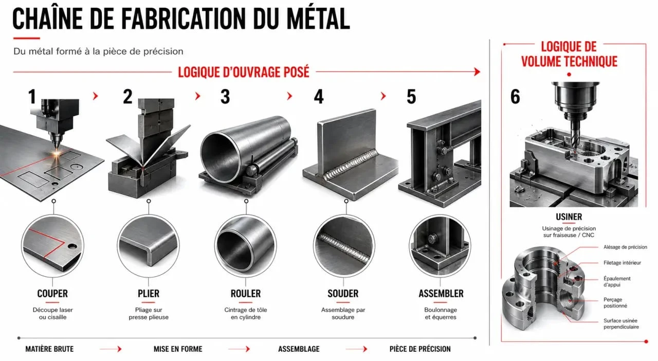 Étapes de fabrication en métallerie chaudronnerie avec coupe, pliage, soudage et assemblage