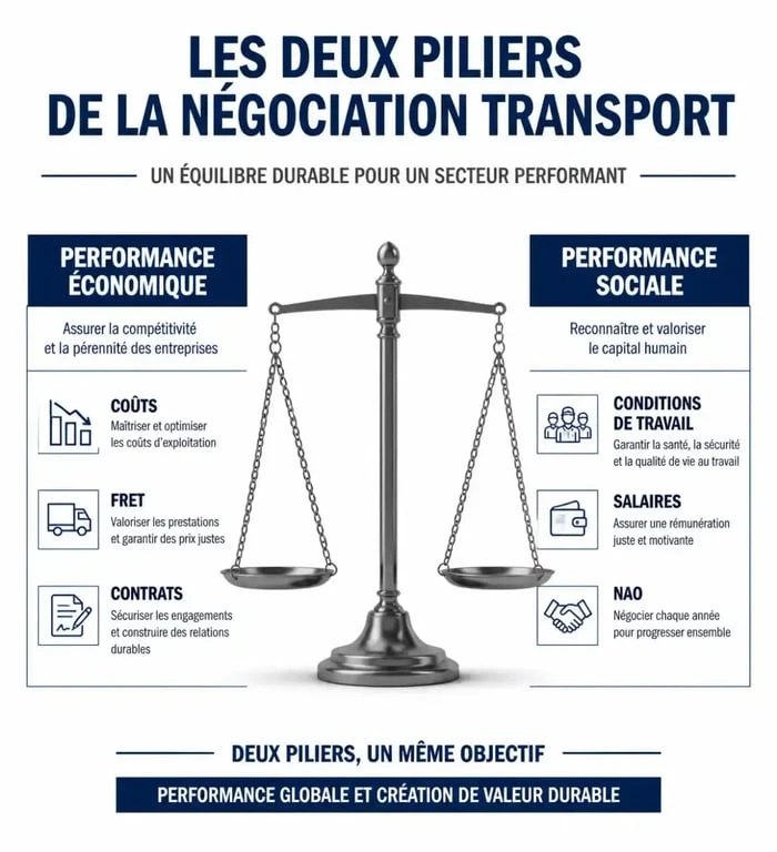 Infographie sur l'équilibre entre négociation commerciale et sociale dans le transport