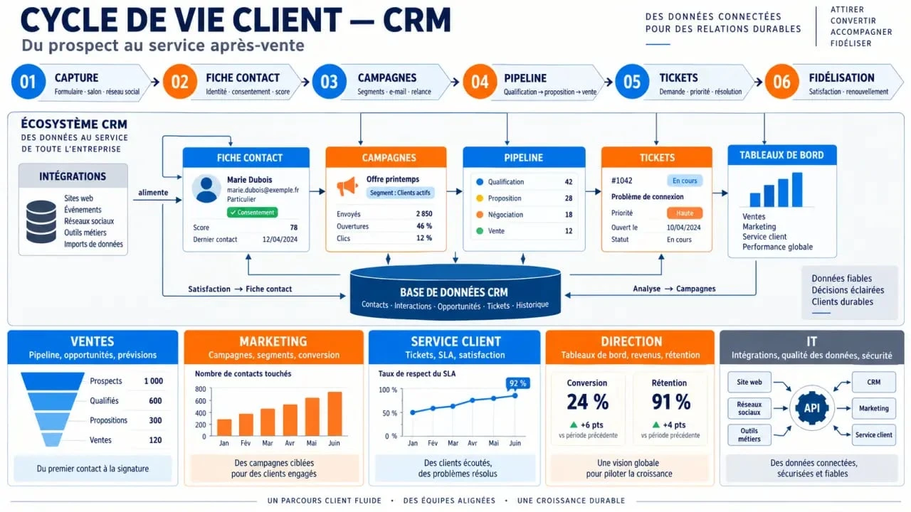 Infographie des fonctionnalités CRM et du cycle de vie client par équipe
