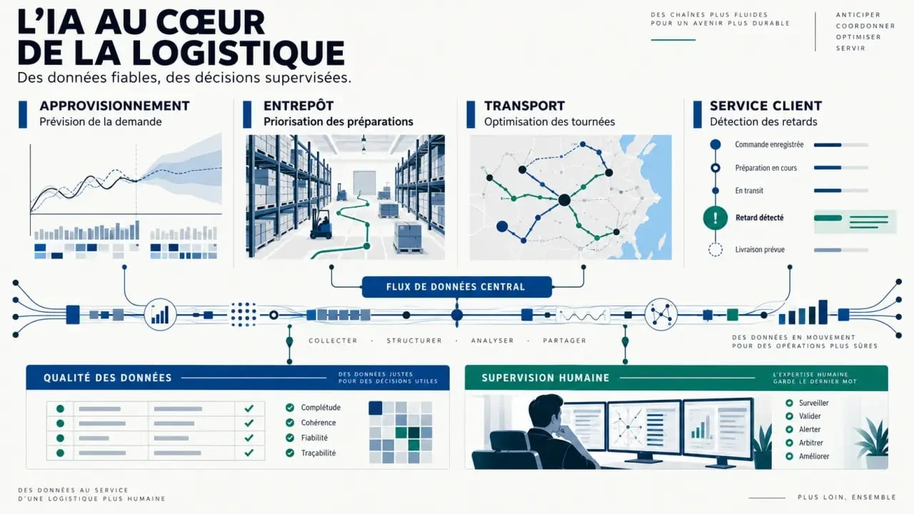 Visualisation des usages de l’IA logistique dans l’approvisionnement, l’entrepôt, le transport et le service client