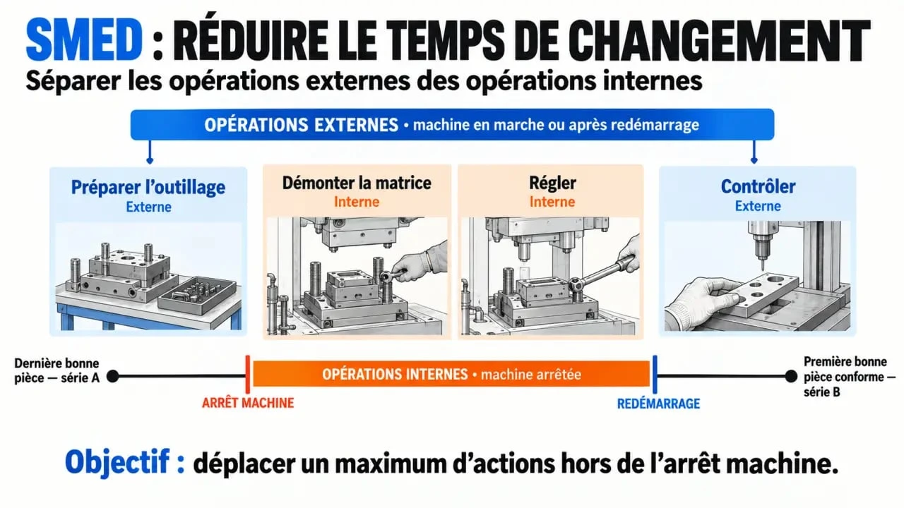 Infographie SMED distinguant opérations internes et externes lors d'un changement de série
