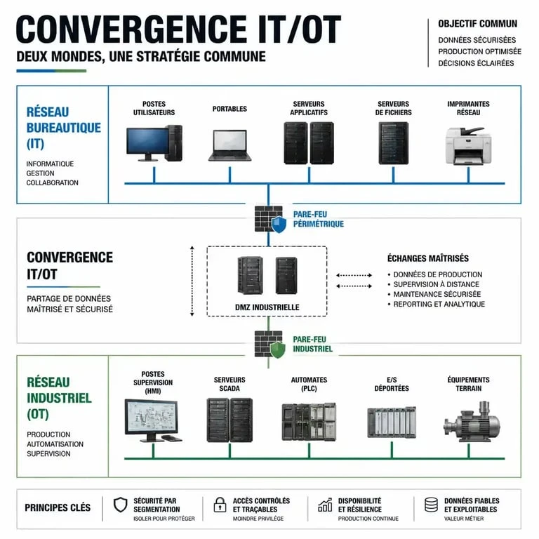 Schéma de segmentation réseau IT et OT pour la cybersécurité industrie