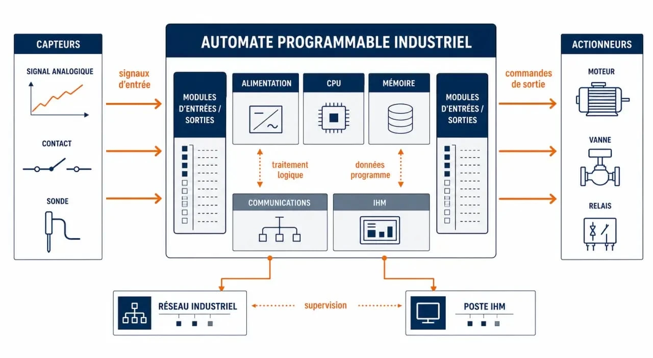 Schéma simplifié des automates programmables montrant CPU, entrées-sorties, alimentation, communication et IHM