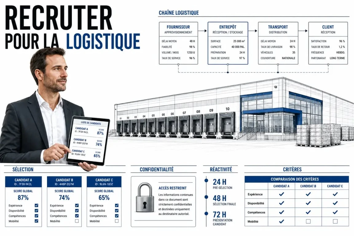 Cabinet de recrutement logistique illustré dans un contexte de chaîne logistique et de recrutement spécialisé