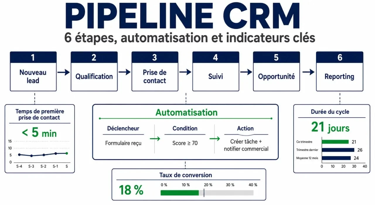 CRM gestion leads pipeline automatisation illustrée par un schéma des étapes et des automatisations clés