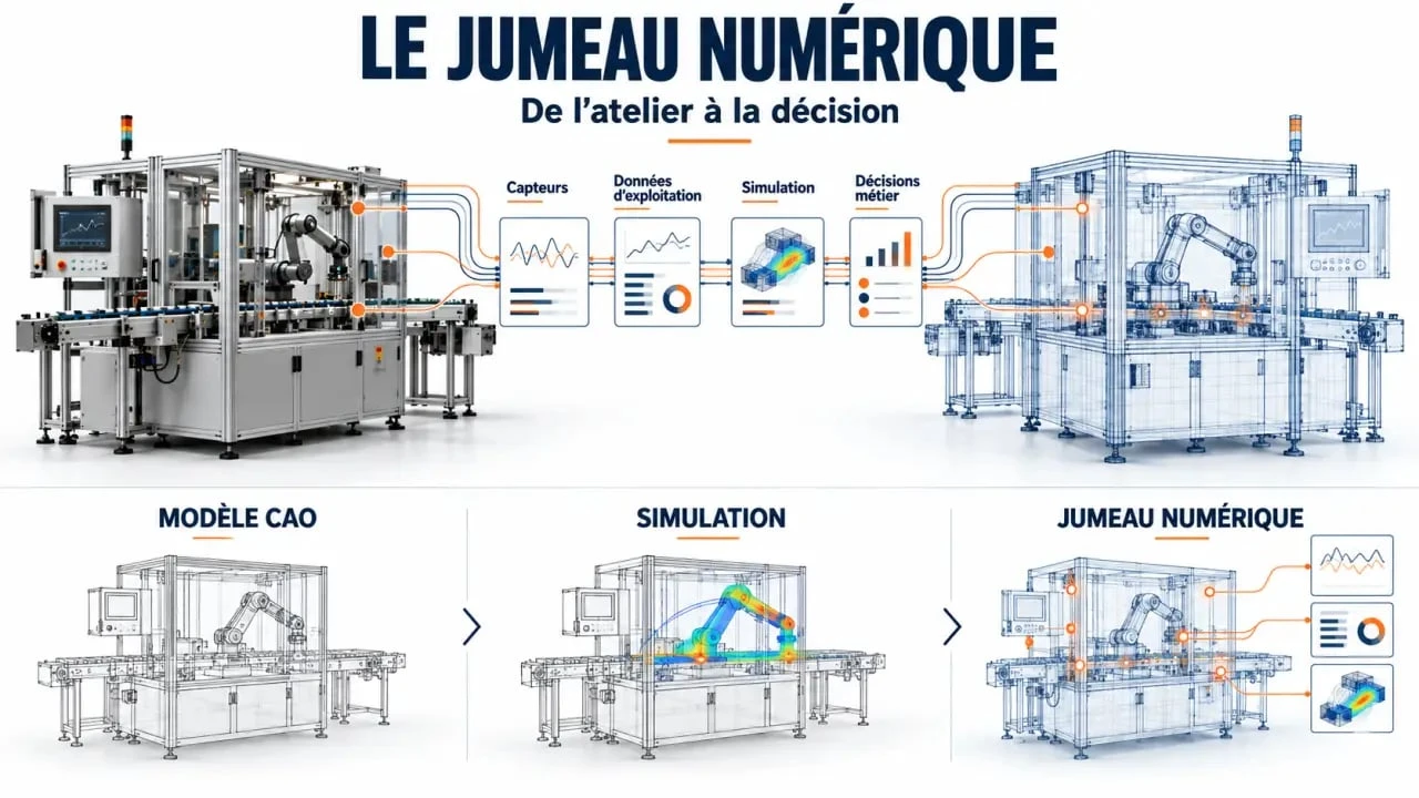 Schéma explicatif du jumeau numérique industrie reliant une machine réelle aux données et à la simulation
