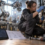 Formation robotique industrielle en atelier : technicienne sur cellule robotisée