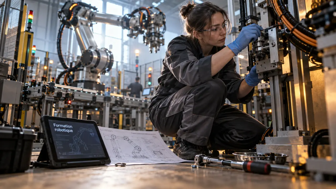 Formation robotique industrielle en atelier : technicienne sur cellule robotisée