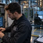 Automatique et industrie : technicien ajuste coffret électrique, gestion énergie