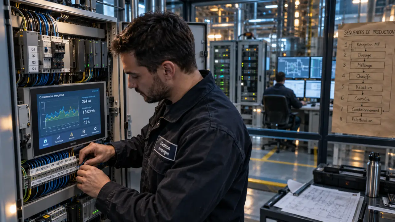 Automatique et industrie : technicien ajuste coffret électrique, gestion énergie