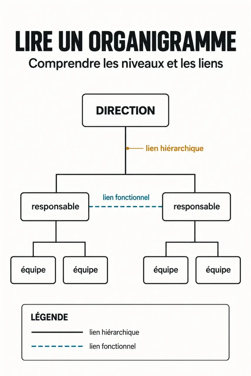 C'est quoi un organigramme : schéma expliquant les liens hiérarchiques et fonctionnels
