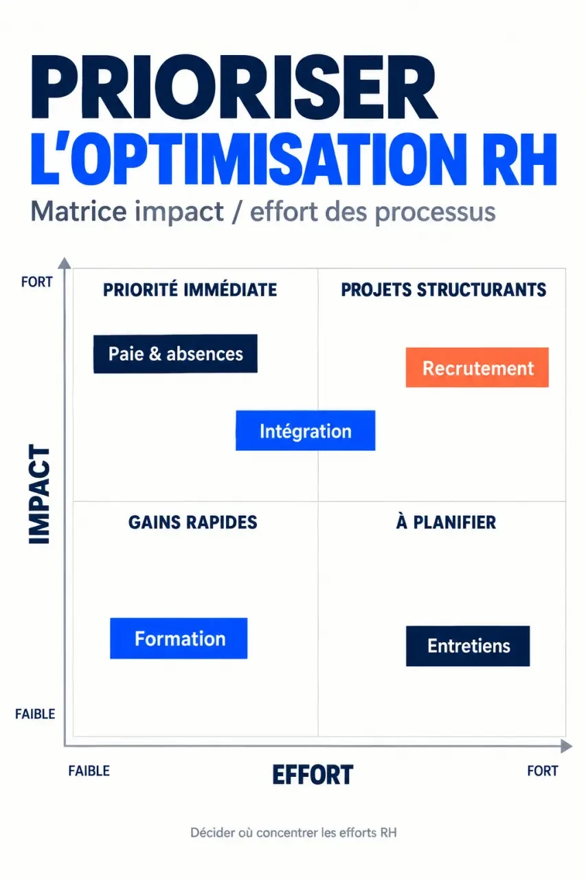 Infographie sur la priorisation des processus d’optimisation ressources humaines selon l’impact et l’effort