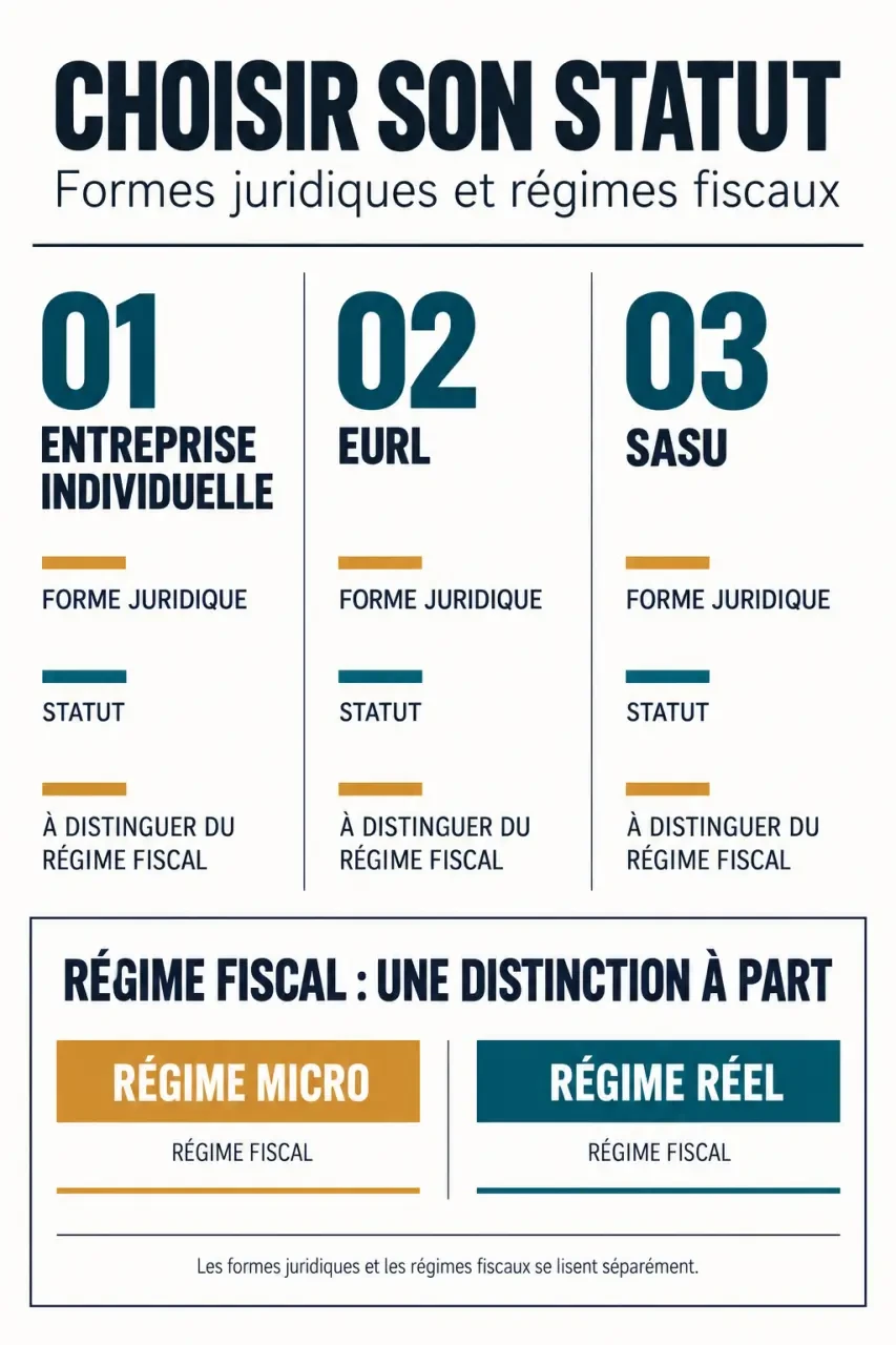 Infographie comparative sur la société au nom propre, l'entreprise individuelle, l'EURL et la SASU