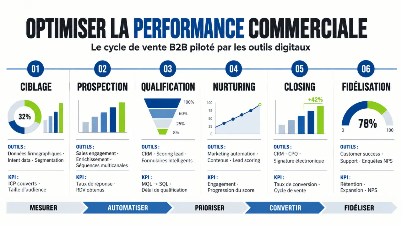 Infographie sur l’optimisation de la performance commerciale grâce aux outils digitaux B2B et aux KPI du cycle de vente