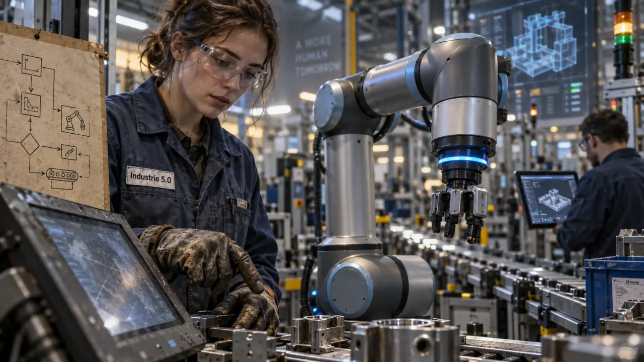 Industrie 5.0 : opérateur humain et cobot dans une usine durable et résiliente